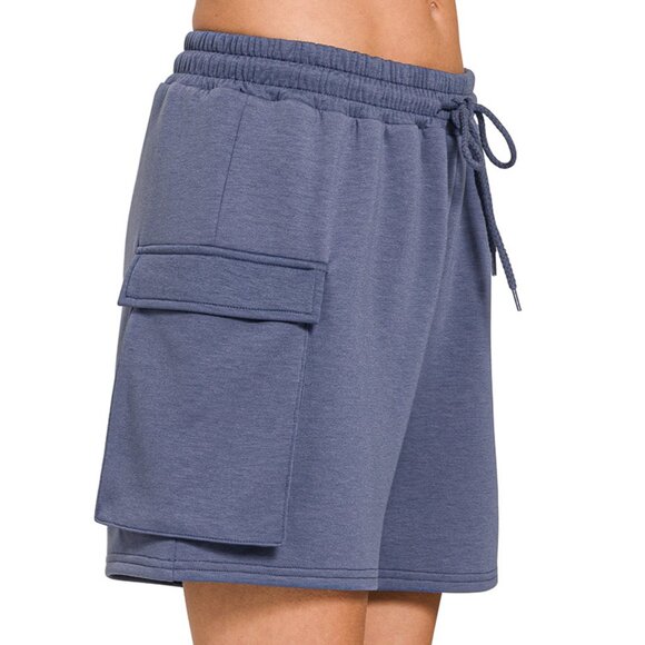 Zenana Scuba Pocket Drawstring Shorts, Indigo Blue - Picture 2 of 3